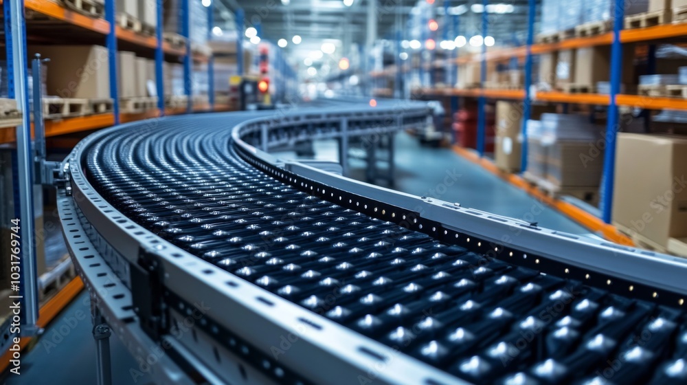 Warehouse Conveyor Belt in Motion Warehouse Conveyor Belt in Motion