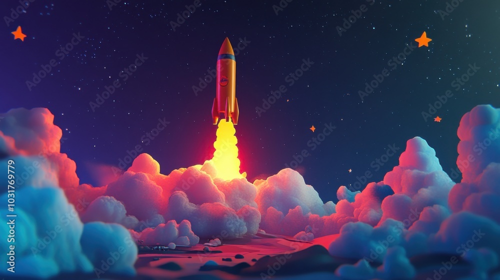 Naklejka premium Vibrant 3D Rocket Launching into Space with Fiery Thrust