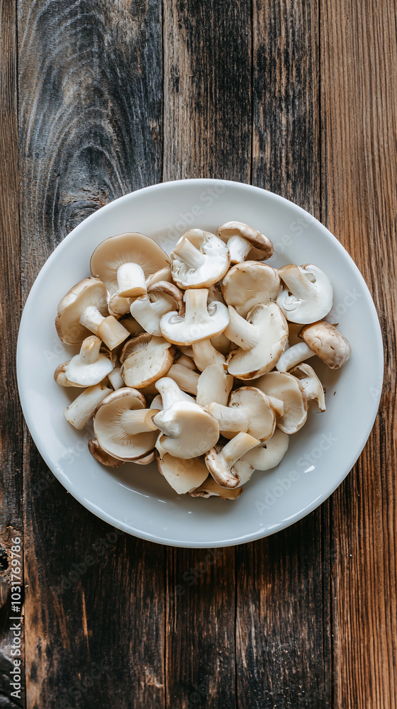 Freshly picked mushrooms laid out on a rustic wooden table, ready to be prepared for a tasty dish Freshly picked mushrooms laid out on a rustic wooden table, ready to be prepared for a tasty dish