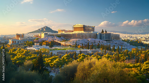 A wide shot of the Acropolis Museums modern architecture with the Parthenon visible in the background connecting past and present.