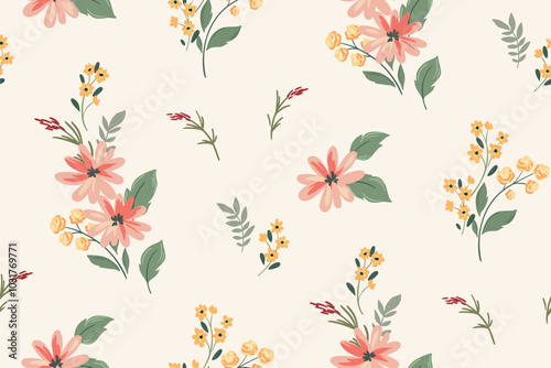 Seamless floral pattern, delicate ditsy print, abstract flower ornament in light pastel colors. Cute botanical design: small hand drawn pink flowers, tiny leaves, bouquets. Vector illustration.