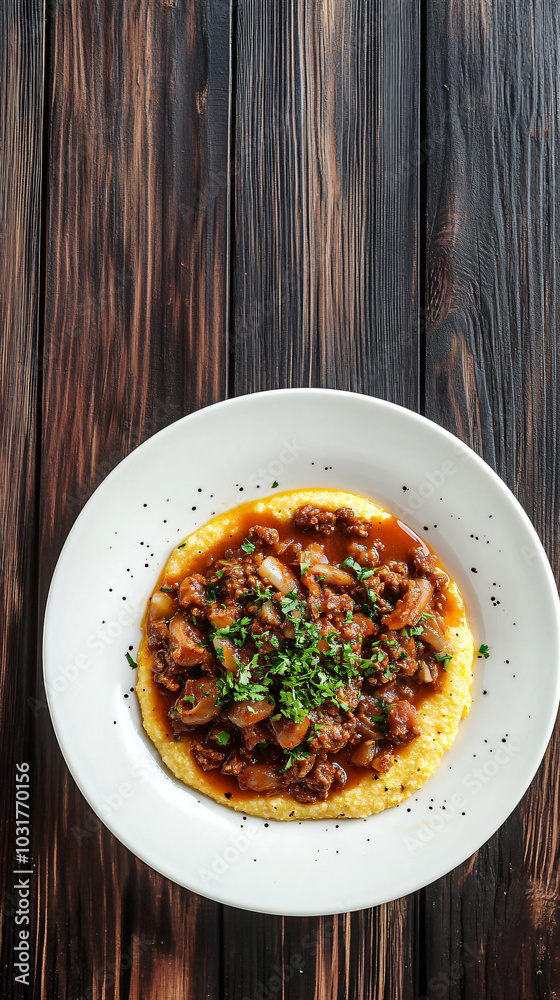 Delicious polenta with bolognese sauce is served on a white plate placed on a dark wooden table Delicious polenta with bolognese sauce is served on a white plate placed on a dark wooden table