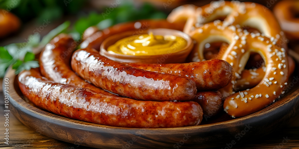 Close Up of Sausages, Pretzels and Mustard on a Wooden Plate. Close Up of Sausages, Pretzels and Mustard on a Wooden Plate.