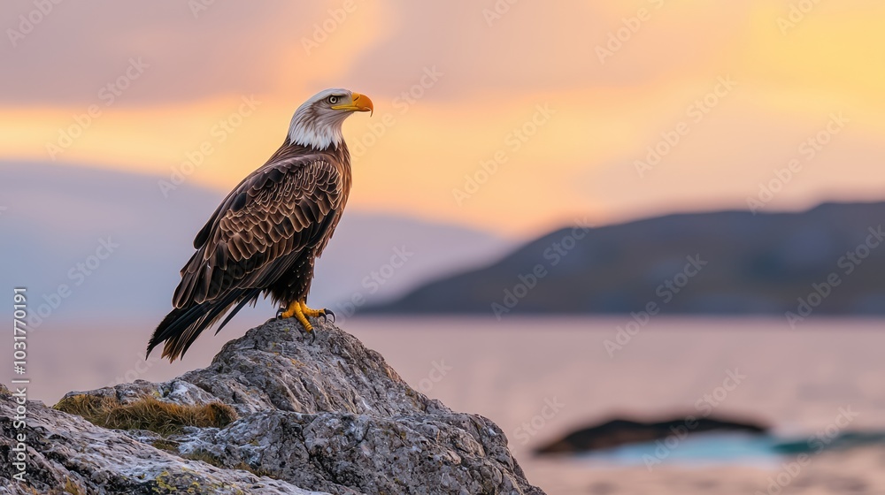 Fototapeta premium A majestic eagle perched on a rocky outcrop, silhouetted against a colorful sunset over the ocean.