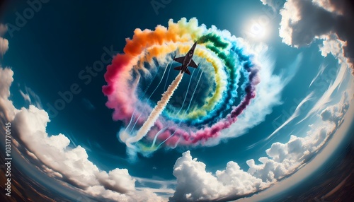 Wide-Angle View of Jet Performing Aerial Acrobatics with Turkish Flag Smoke Trail Against a Blue Sky – Dynamic and Dramatic Aerial Show photo