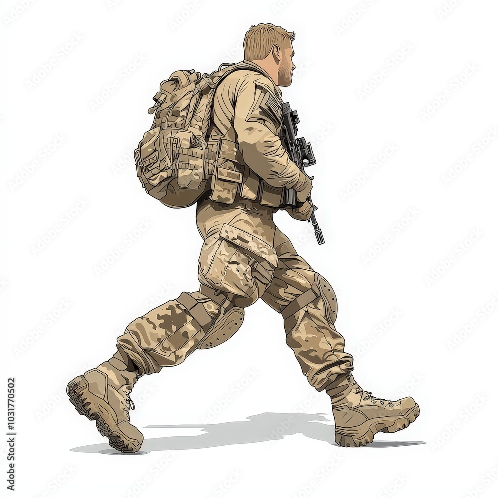 Military Soldier Running Camouflage Uniform Combat Gear White Background Isolated Military Soldier Running Camouflage Uniform Combat Gear White Background Isolated