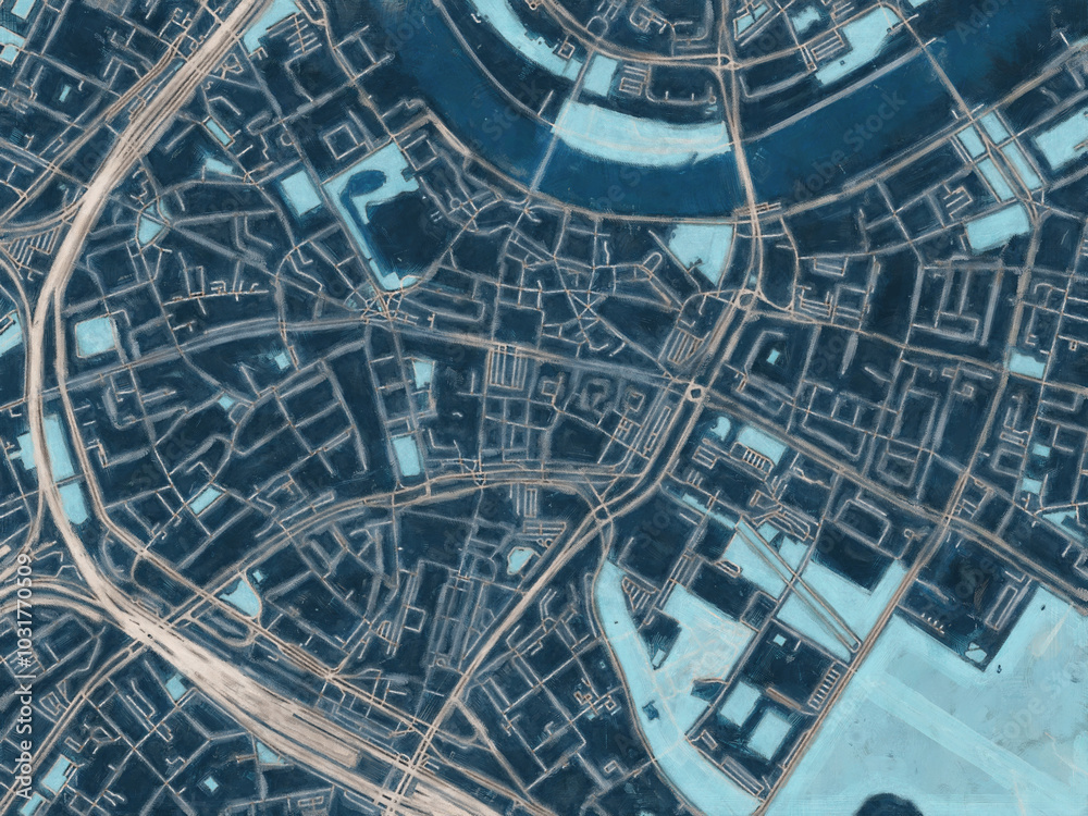 Obraz premium Painterly Style City Map of Dresden Zentrum, Germany in a Blue Color Scheme.