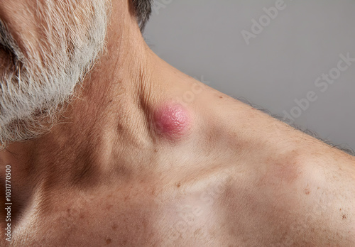Closeup of a Red Lump on a Man's Neck.