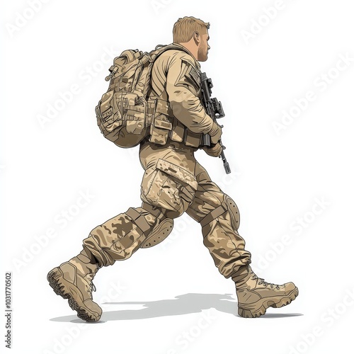 Military Soldier Running Camouflage Uniform Combat Gear White Background Isolated