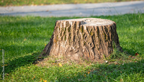 A large tree stump sits in a grassy field photo