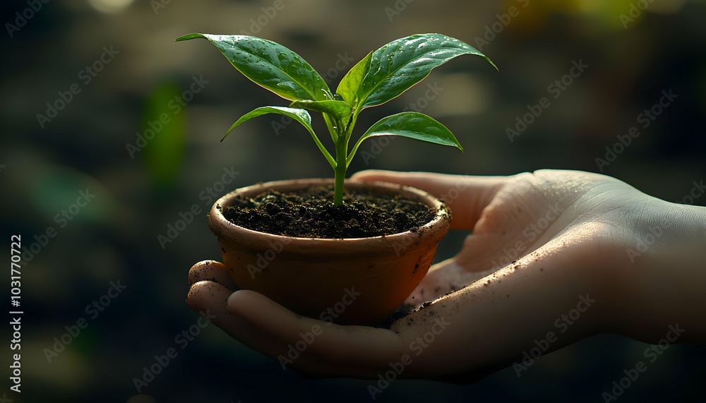 Hand Holding Small Potted Plant. Hand Holding Small Potted Plant.