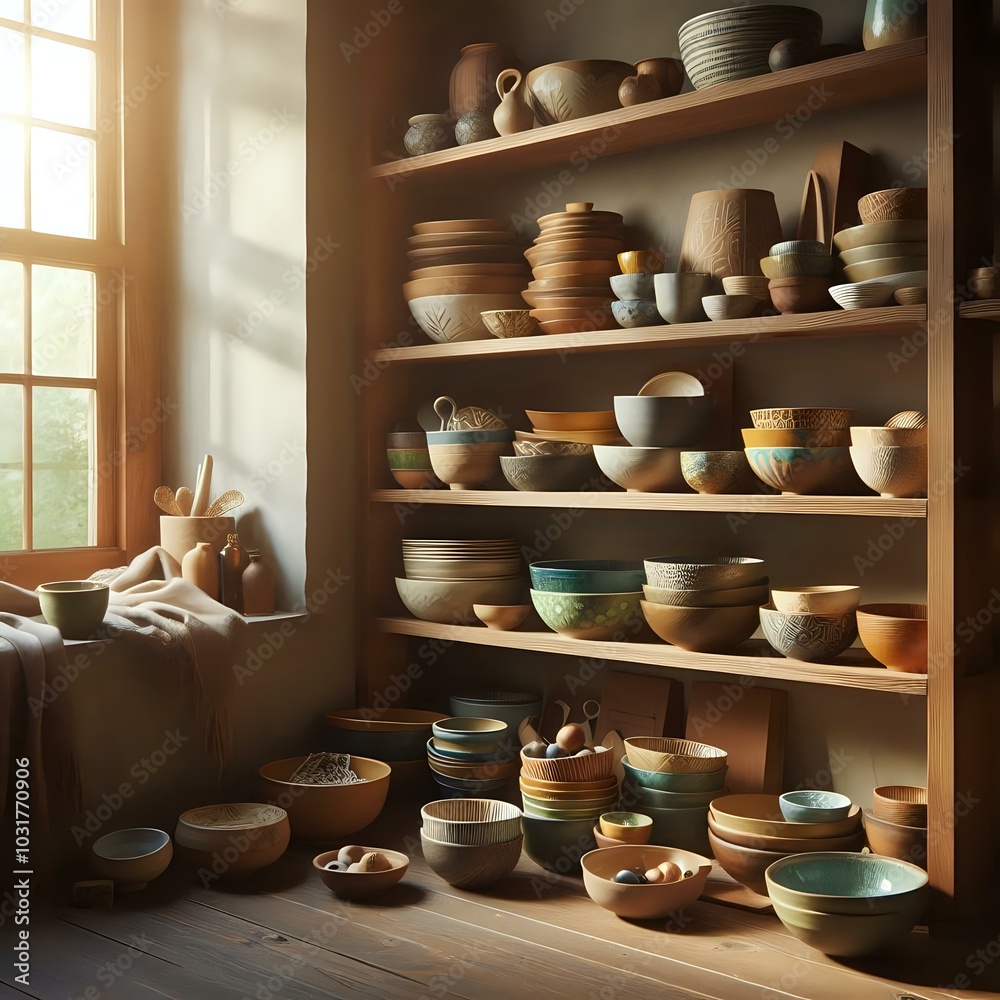 Shelf full of pottery Shelf full of pottery