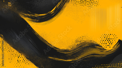 A dynamic abstract black and yellow background with brush strokes. AI generation.