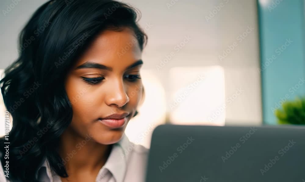 Focused Brazilian Woman Working on Laptop in Modern Office Focused Brazilian Woman Working on Laptop in Modern Office
