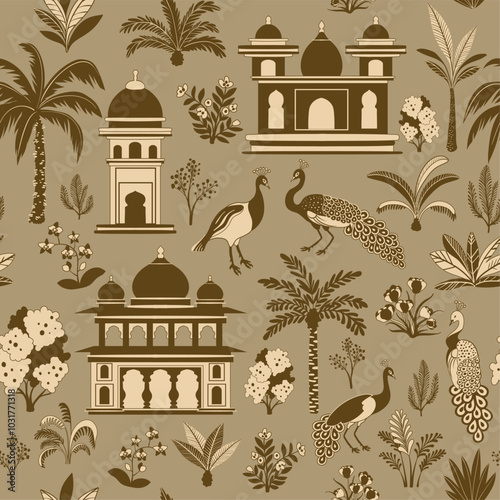 Seamless pattern with silhouettes of Indian gardens design elements