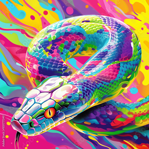 Wallpaper Mural Psychedelic rainbow-colored snake coiled on a colorful abstract background. Torontodigital.ca