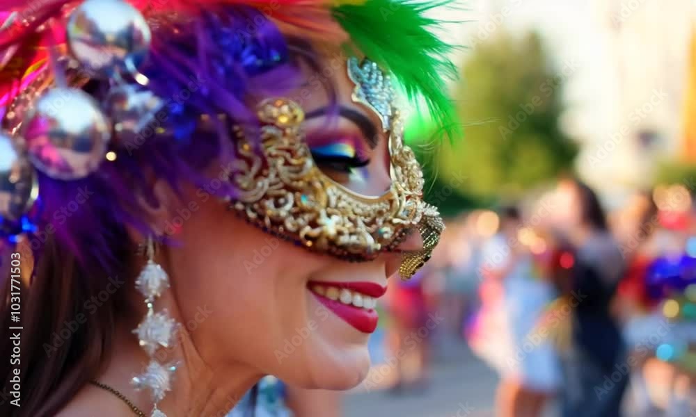 A woman with colorful feathers, a gold mask, and bright makeup smiles at the camera.