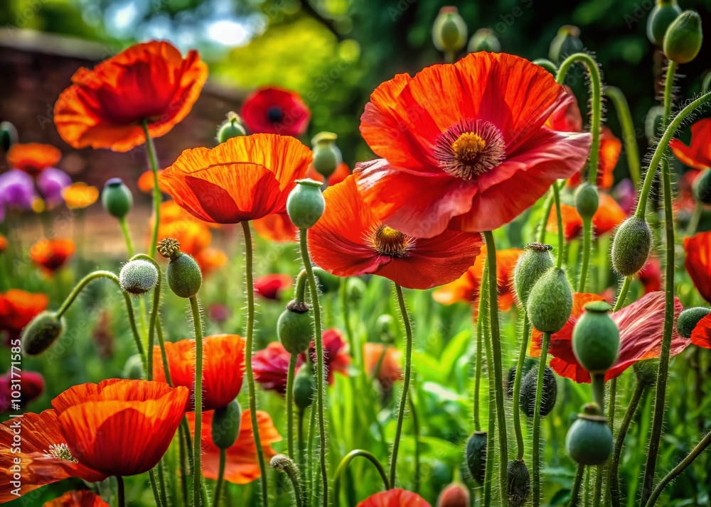 Vibrant Poppy Pattern in a Manicured Garden - Macro Photography of Red Flowers and Green Foliage Vibrant Poppy Pattern in a Manicured Garden - Macro Photography of Red Flowers and Green Foliage