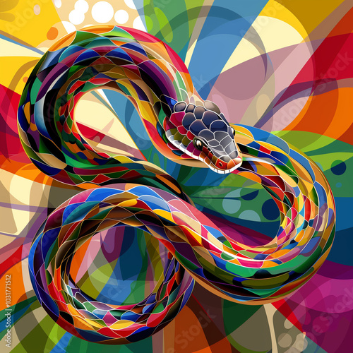 Wallpaper Mural Bright rainbow-colored coiled snake on an abstract colorful geometric background. Torontodigital.ca