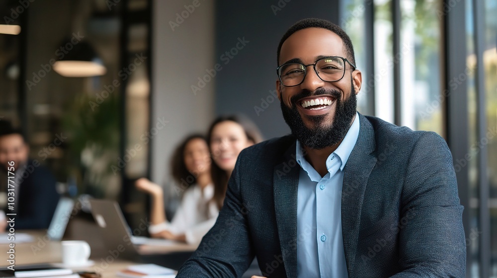 Fototapeta premium Professional Smiling Man in Modern Office Setting