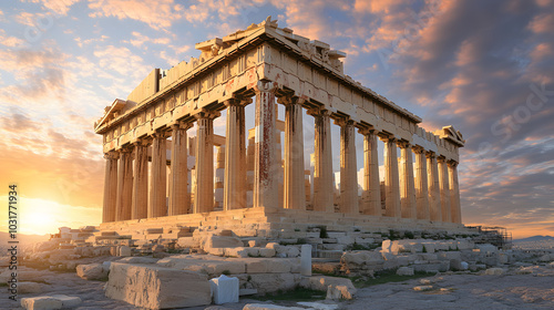 The Acropolis lit by the last rays of the setting sun with the ruins glowing warmly against the darkening sky.