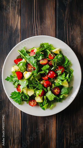 Fresh and vibrant salad with cherry tomatoes, avocado and mixed greens, seasoned with herbs and spices, served on a white plate on a rustic wooden table