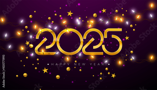Wallpaper Mural Happy New Year 2025 Illustration with Gold Glittered Number and Falling Confetti on Dark Background. Christmas Holiday Design with Typography Lettering for Flyer, Greeting Card, Banner, Celebration Torontodigital.ca