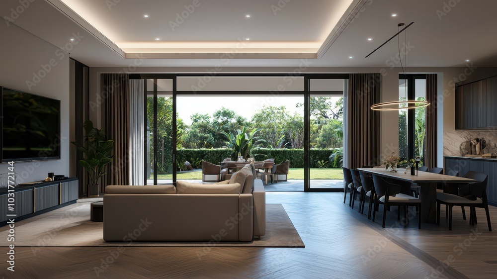 Elegant open-plan room with stunning garden and patio views through expansive folding doors.