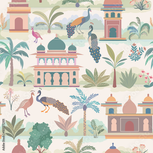 Seamless pattern with Indian elements, garden trees, palms, peacock, architectural arches and palaces