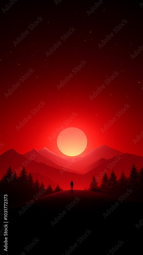 Obraz premium Amazingly captivating sunset over mountains with silhouette of a lone walker in a striking red sky