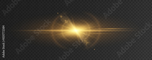 Golden light effect on a dark transparent background. Bright golden flash with rays. Abstract laser effect. Glares and flares. Vector illustration. EPS 10.
