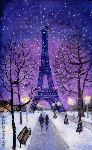 Watercolor painting with Paris Eiffel Tower. Evening Eiffel Tower view with pair walking through a park.