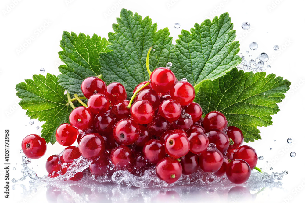 Fresh red currant berries with water splashing including some green leaves isolated on a white background Fresh red currant berries with water splashing including some green leaves isolated on a white background