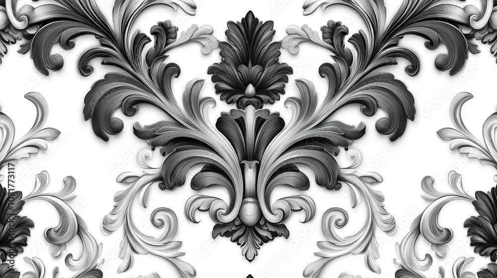  Black and white seamless pattern with flowers. Ink Drawing