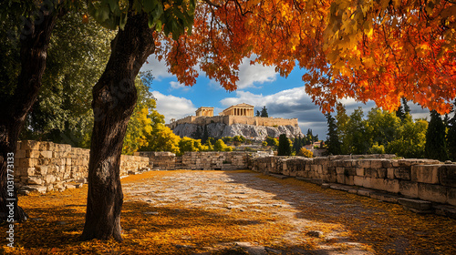 The Acropolis surrounded by the vibrant autumn colors of trees in the foreground creating a stunning contrast with the ancient stones.