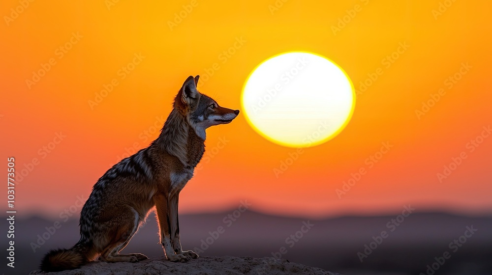 A coyote gazes at a vibrant sunset, silhouetted against the orange sky—a stunning moment of nature's beauty. A coyote gazes at a vibrant sunset, silhouetted against the orange sky—a stunning moment of nature's beauty.