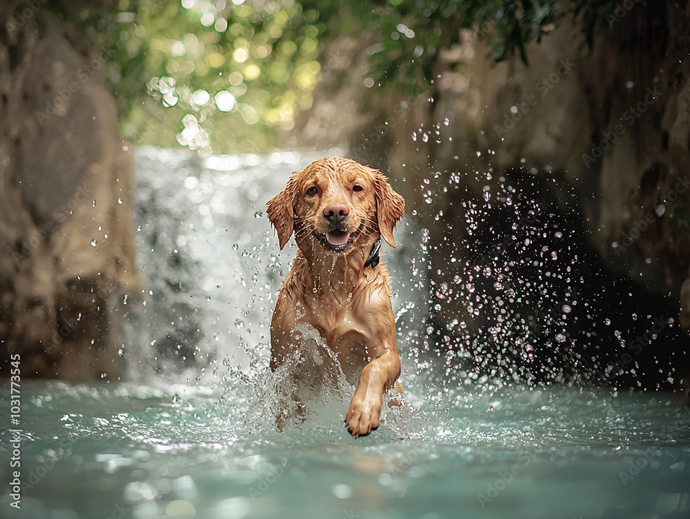 The dog barks with joy, splashing in the cool stream beneath the falls.
The dog barks with joy, splashing in the cool stream beneath the falls.