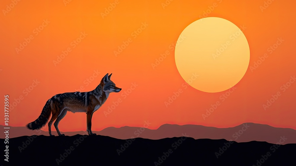 A silhouette of a coyote against a vibrant orange sunset, showcasing the beauty of nature and wildlife. A silhouette of a coyote against a vibrant orange sunset, showcasing the beauty of nature and wildlife.