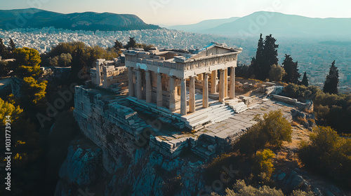 The majestic Temple of Athena Nike perched on the edge of the Acropolis overlooking the Athenian landscape.