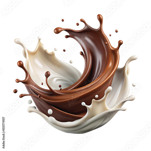 Realistic Milk and chocolate splash swirls and flow. Melted brown choco and milky waves with drops png background