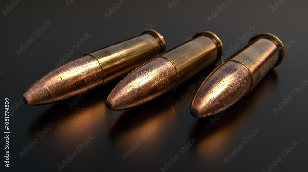 Three gold bullets arranged neatly in a straight row Three gold bullets arranged neatly in a straight row