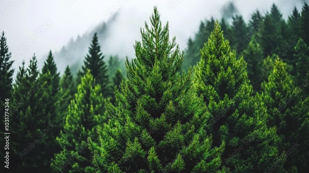 Lush Evergreen Forest in Misty Mountains Nature Background Lush Evergreen Forest in Misty Mountains Nature Background