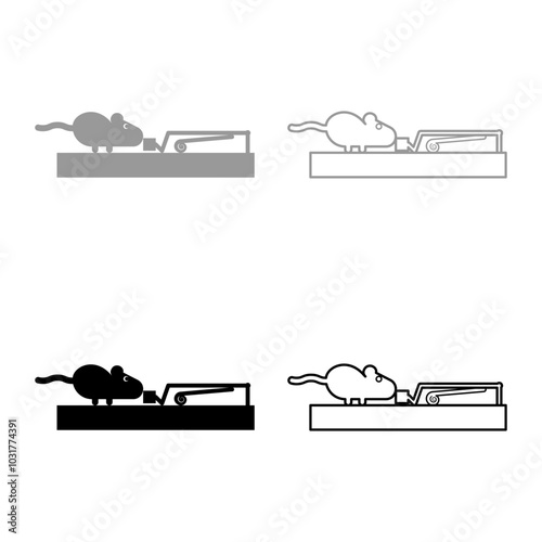 Mouse wants to eat piece of cheese from mousetrap silhouette rodent set icon grey black color vector illustration image solid fill outline contour line thin flat style