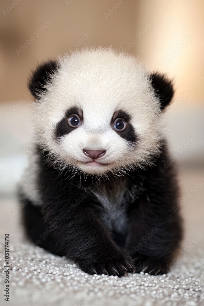 Obraz premium A black-and-white panda sits atop soft, white carpet, gazing at the camera