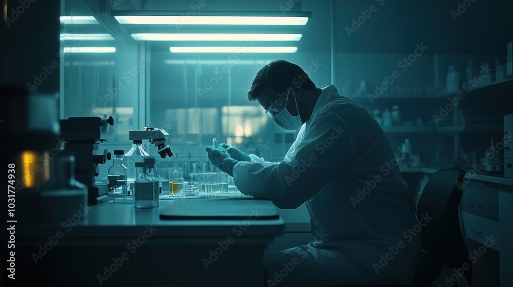 A Scientist Working Late in a Laboratory A Scientist Working Late in a Laboratory