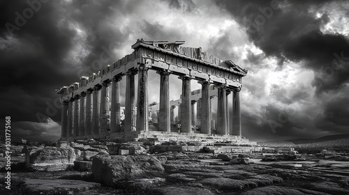 The Parthenon under dramatic storm clouds the light breaking through and casting an intense glow on the ancient stones.