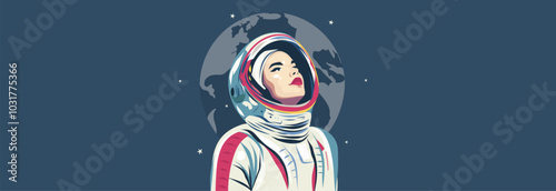 Cosmonautics Day. Woman astronaut in a spacesuit against the background of the starry sky. Women's Day. Banner with space for text. Vector illustration, postcard