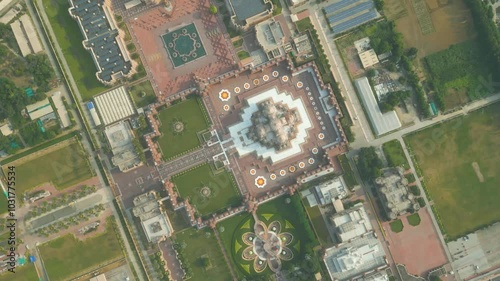 Aerial View Drone Footage of Akshardham Temple in New Delhi one of the largest Hindu temple in India photo