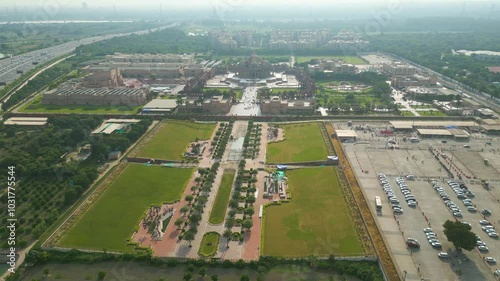 Aerial View Drone Footage of Akshardham Temple in New Delhi one of the largest Hindu temple in India photo