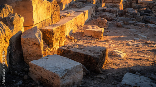 The ruins of the Acropolis bathed in the warm golden light of the setting sun with shadows cast across the ancient stones. photo